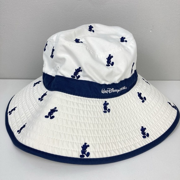 Disney Accessories - Walt Disney Parks Wide Brim White‎ Sun Hat Navy Blue Mickey Mouse Print Adult OS